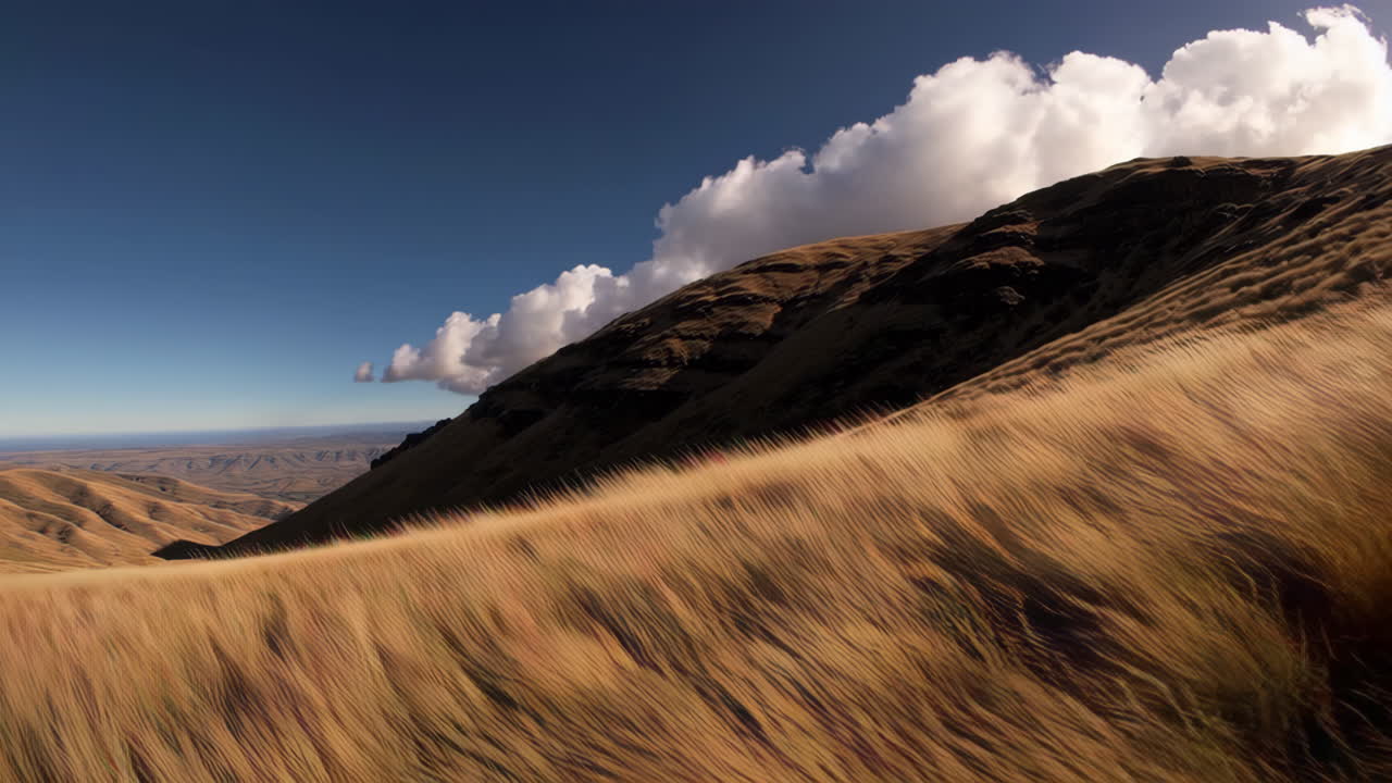 Paesaggio montano con nuvole soffici ed erba dorata