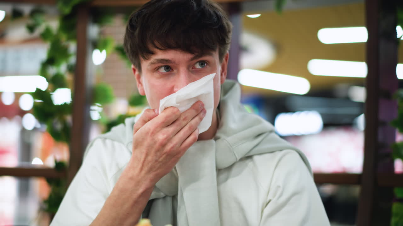 Giovane studente che indossa il bianco e si pulisce accuratamente la bocca con un tovagliolo dopo aver mangiato, mostrando un'espressione concentrata e un movimento della mano, ambiente interno casuale con sfondo leggermente sfocato, dettaglio di una routine igienica