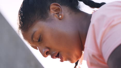 break, black woman and breathing for exercise