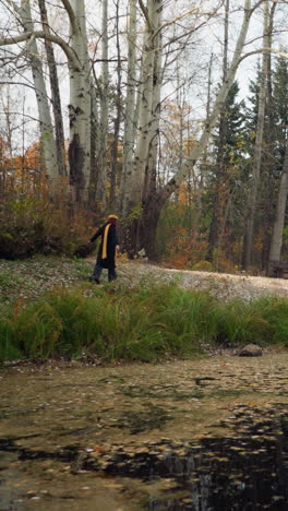 mujer caminando sola en el sereno paisaje de otoño, rodeada de árboles altos y un estanque de agua tranquila, disfruta de la soledad y la naturaleza, abrazando la paz y la tranquilidad mientras explora el entorno pintoresco
