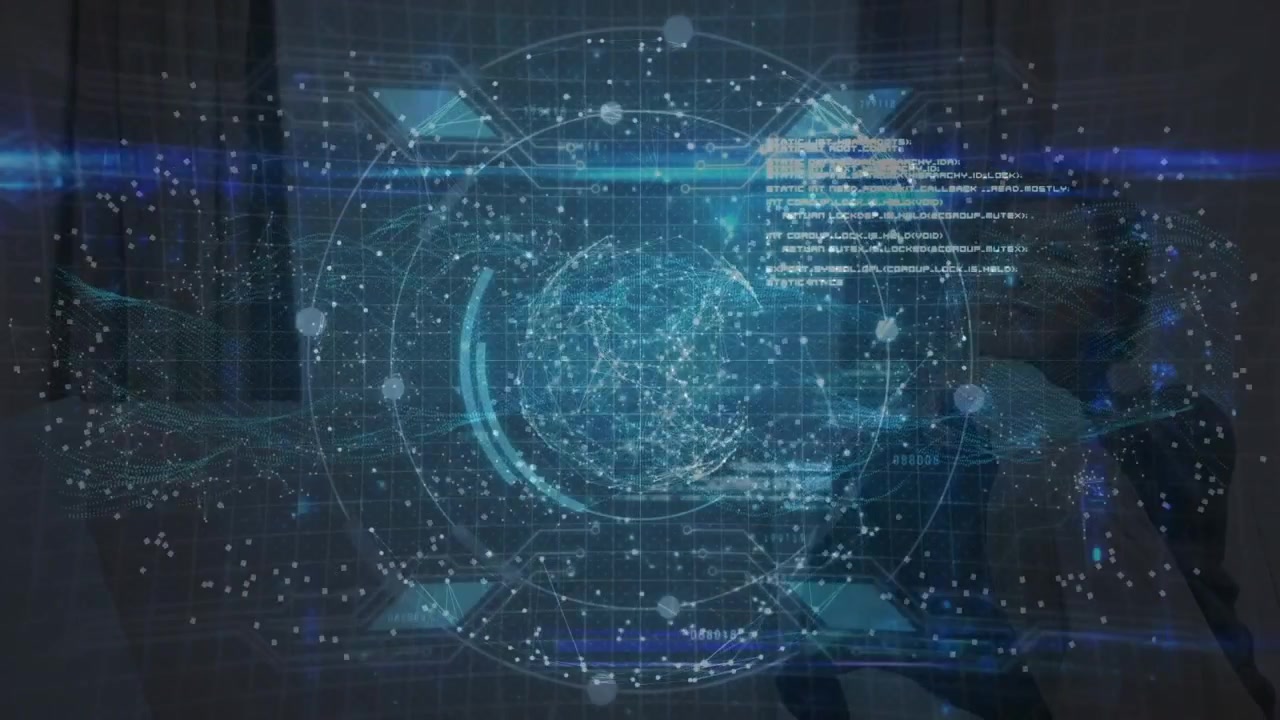 Animation of globe of network of connections and data processing against blue background