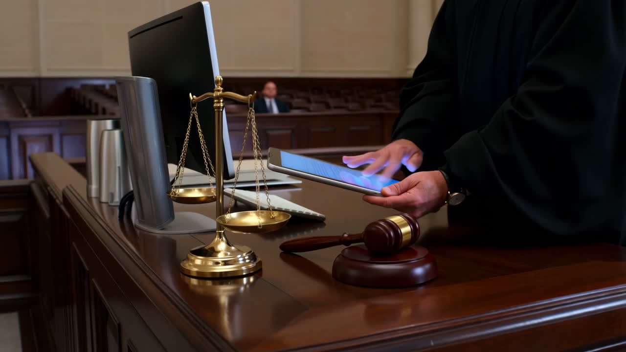 Judge in a courtroom with legal symbols and modern technology