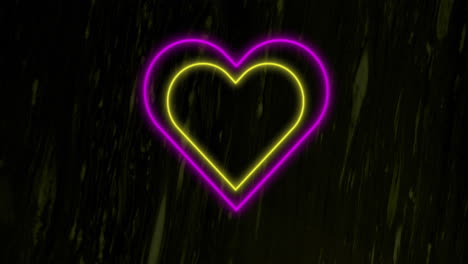 animation of pink and yellow concentric neon hearts flashing on dark paint splattered background