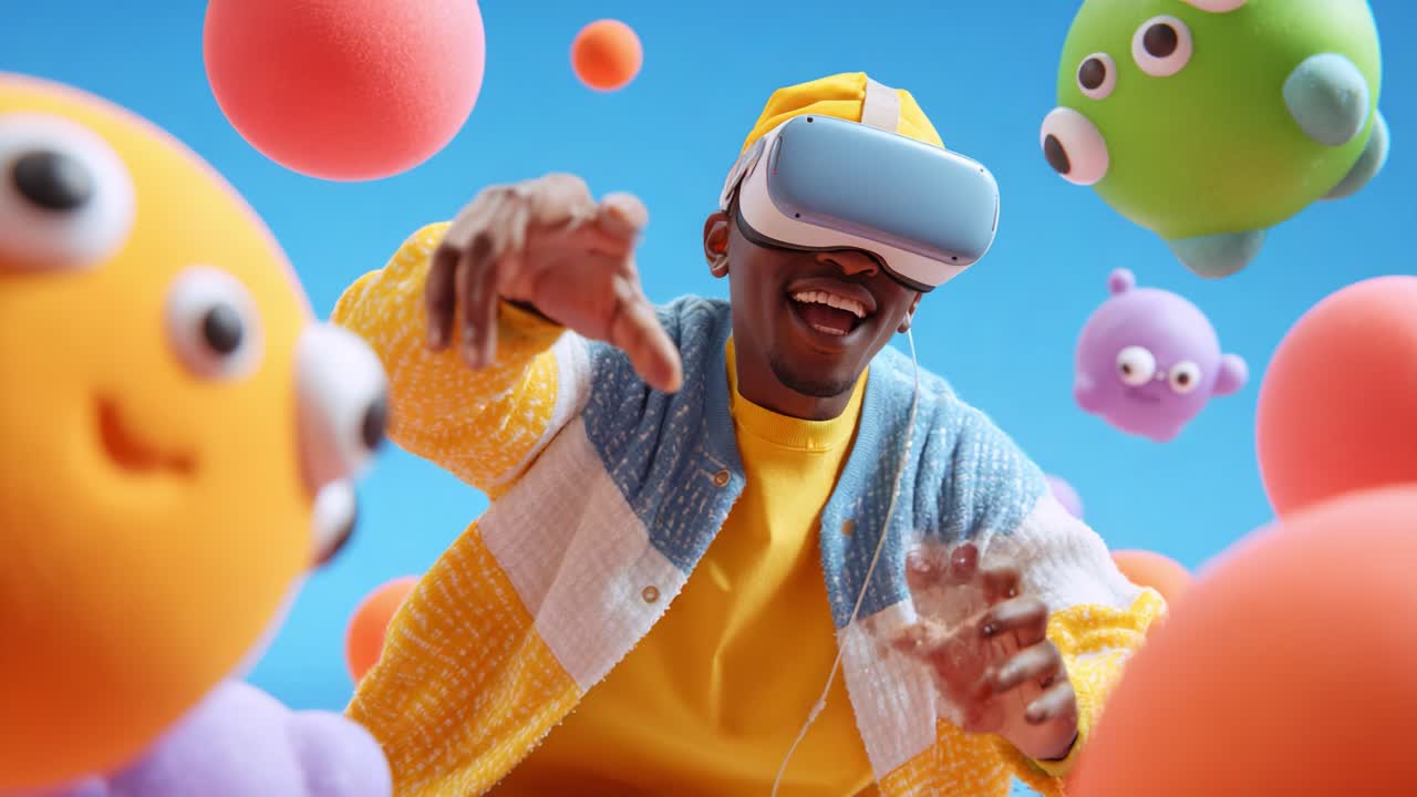 A joyful individual immerses in a vibrant virtual reality world filled with colorful, animated characters and playful shapes, showcasing the fun and excitement of modern interactive gaming experiences