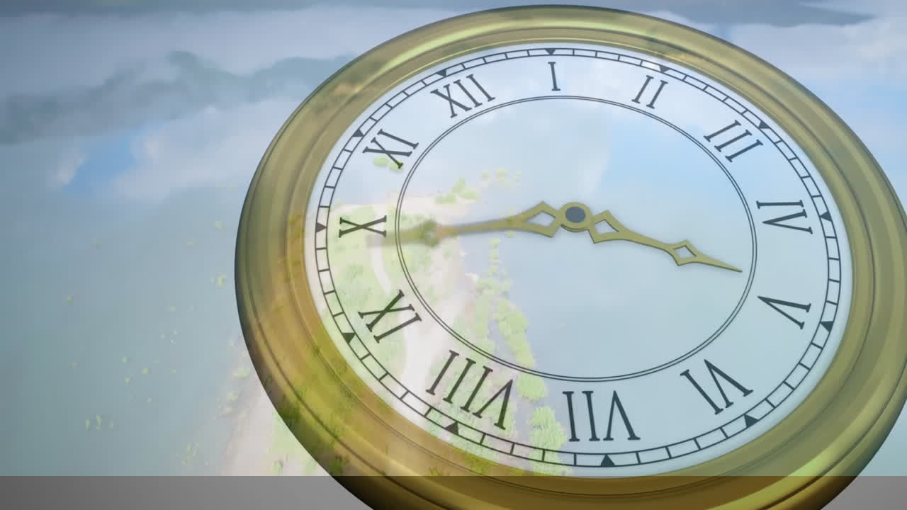Animation of antique clock face with Roman numerals over mountain landscape
