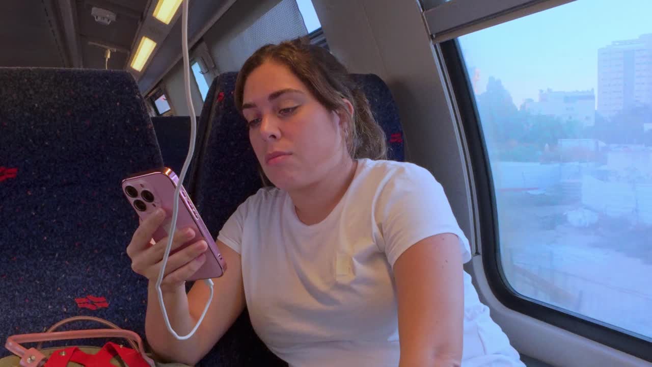 Woman with Earbuds Listening to Music or a Podcast on Her Phone