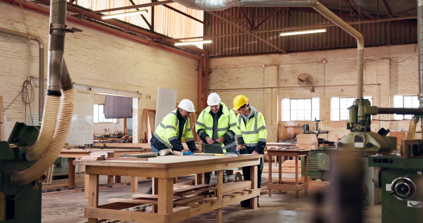 Construction Workers Reviewing Plans on Laptop in Workshop