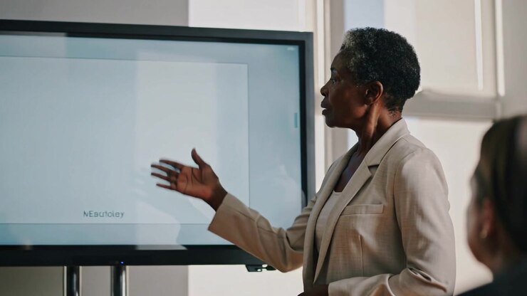 Slide appearing, senior presenter in beige suit turning toward screen in meeting