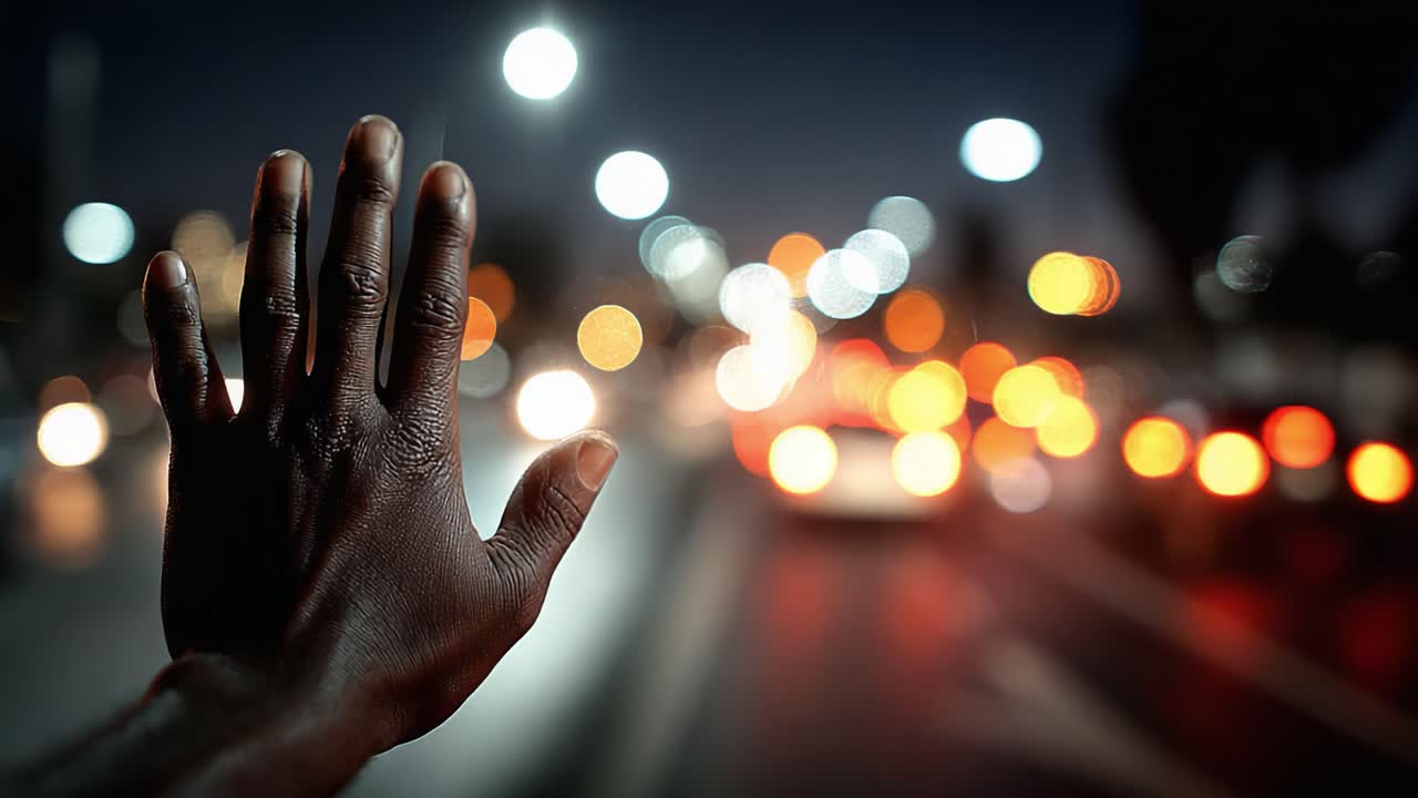 A person reaching out with an open hand against a blurred cityscape filled with vibrant lights and moving vehicles during twilight, creating a sense of connection and urgency