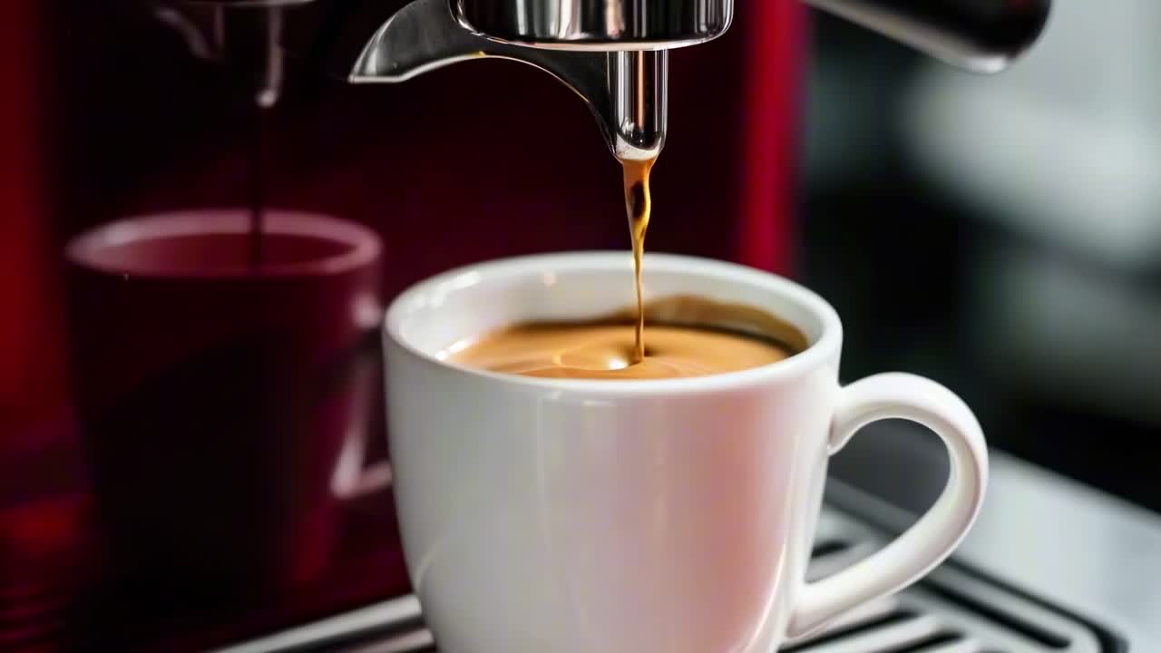 Close-up video shot of espresso pouring into a white cup from a coffee machine, capturing the rich