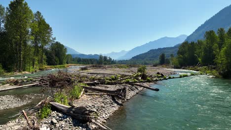 Landscape-Of-The-Chilliwack-River-During-Spring-In-Chilliwack,-British-Columbia,-Canada---drone-shot