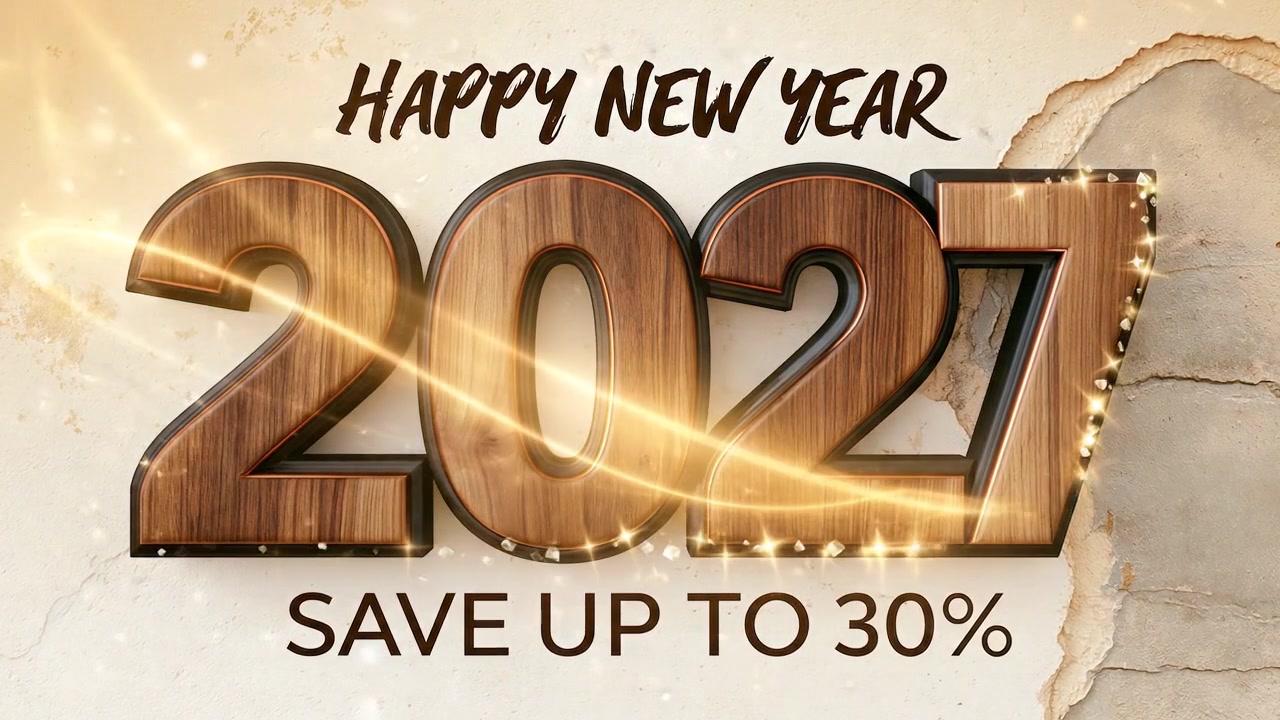 Promozione saldi Buon Anno Nuovo 2027 con effetti di luce dorati.