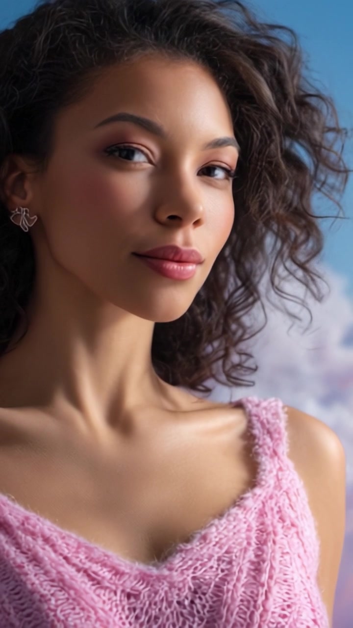 Ritratto accattivante di una donna con capelli ricci in un maglione rosa su uno sfondo nuvoloso e morbido, che emana sicurezza e fascino aggraziato