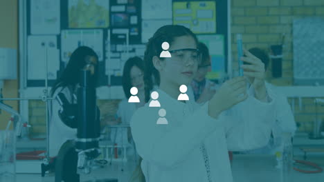 female student holding test tube in school science lab, with animated charts and microscope icons
