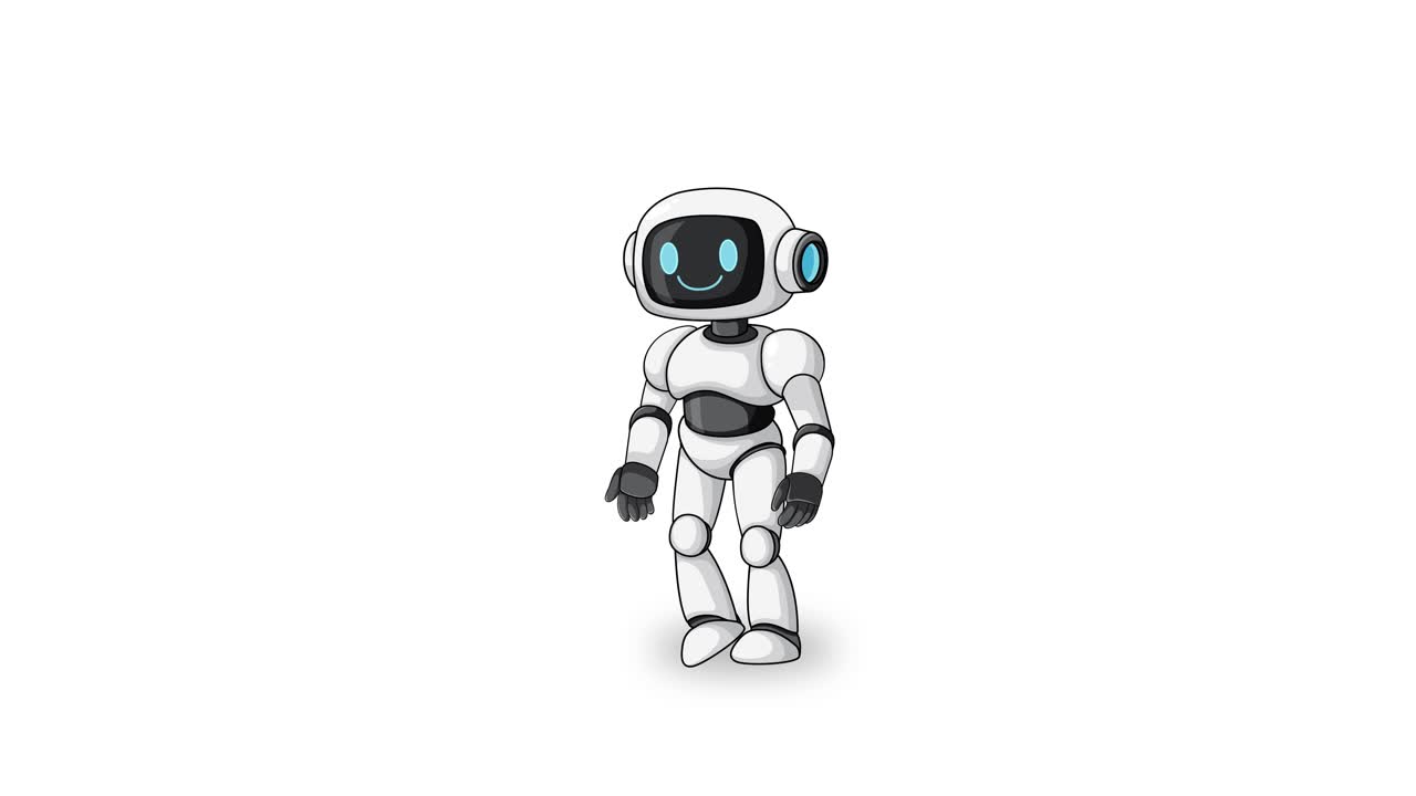 Un robot amichevole in stile cartone animato cammina e saluta, animazione fluida, sfondo bianco pulito, ombra leggera, atmosfera allegra