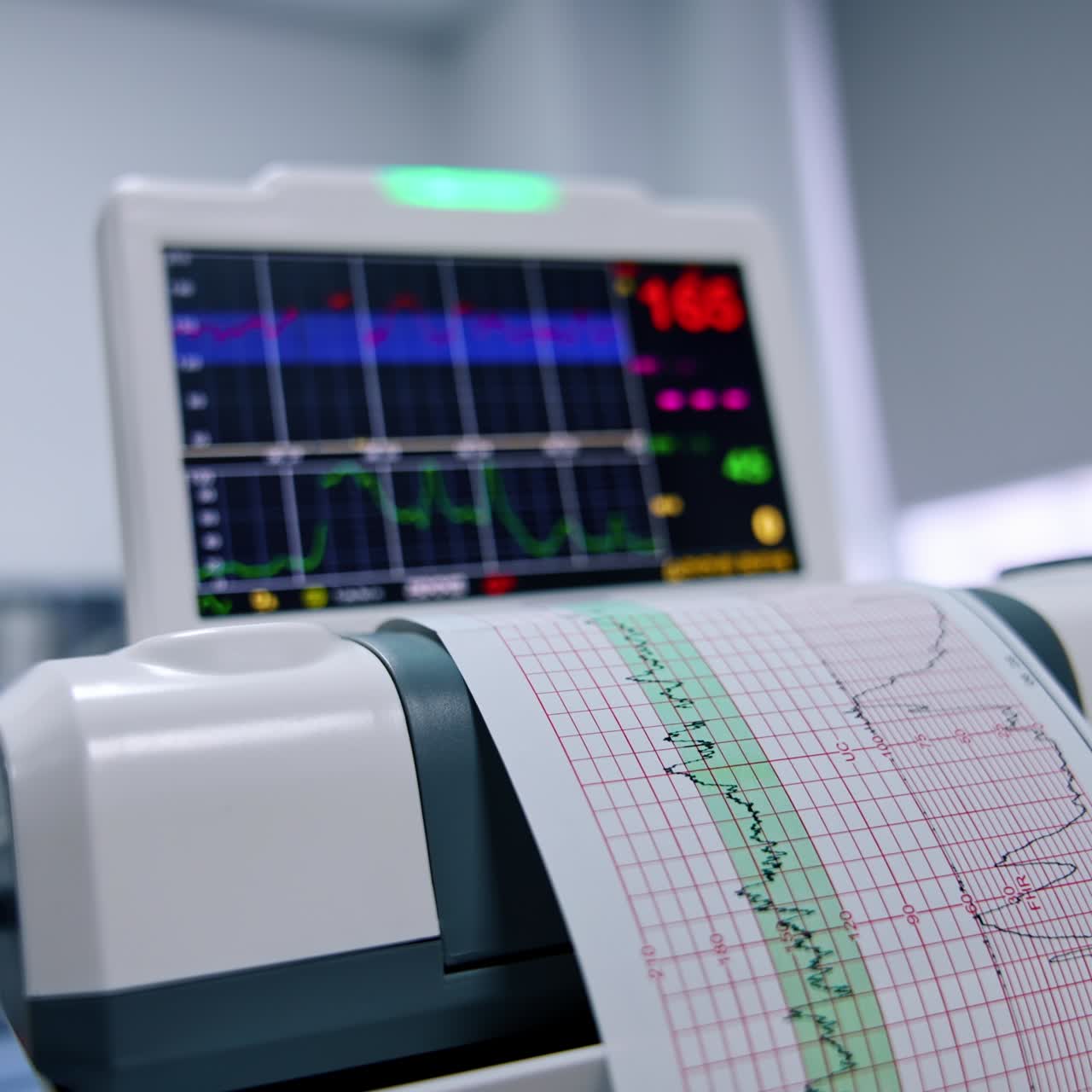 Machine for electronic cardiogram printing paper report. Close up. Heart examination for the pregnant woman