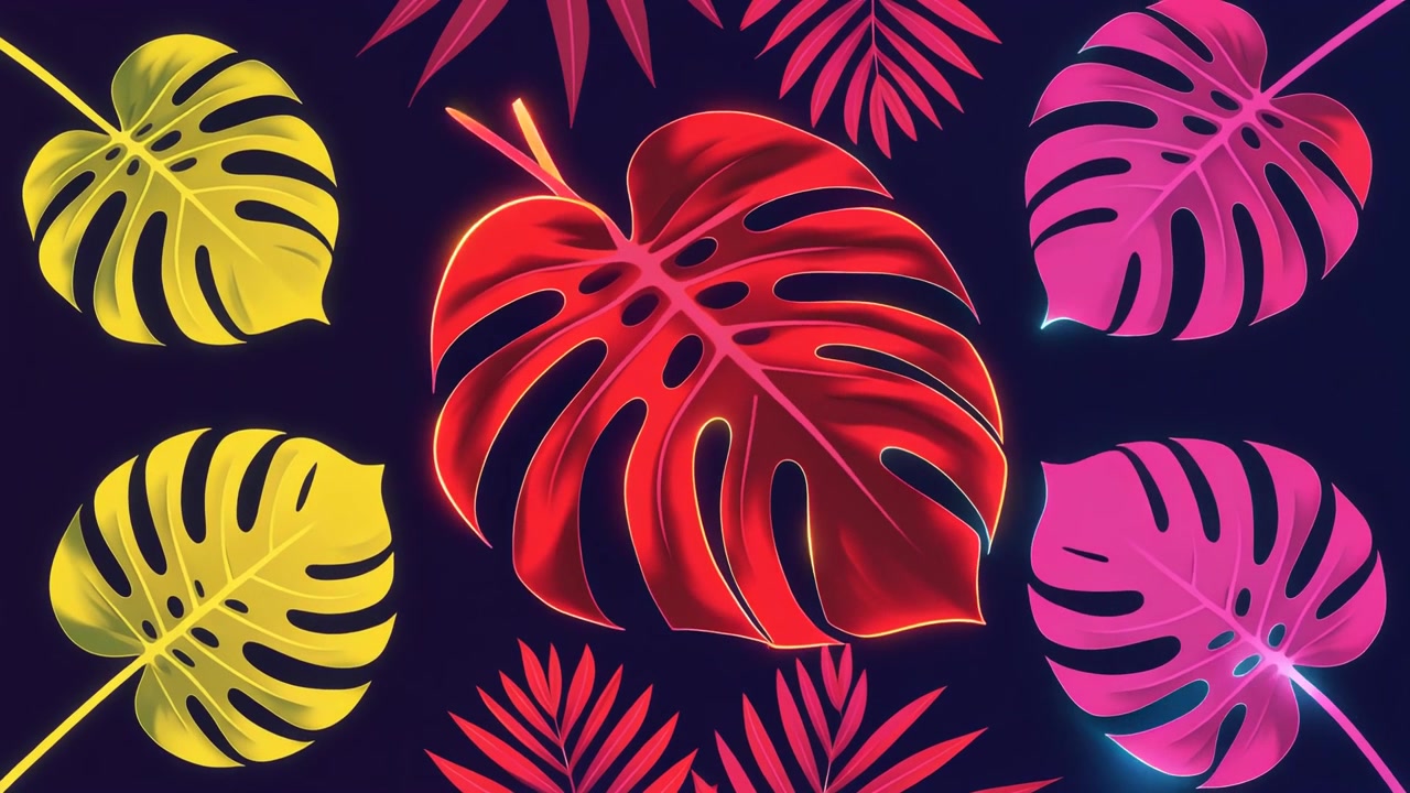 Neon Tropical Monstera Leaves Pattern with Glowing Light Effects