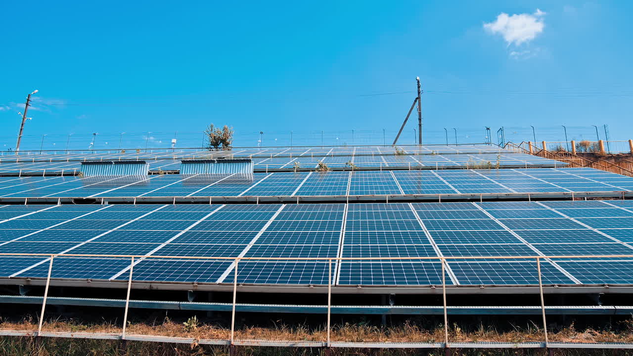 Fields of energy landscape electrical power innovation. Green ecology sunlight electricity station.