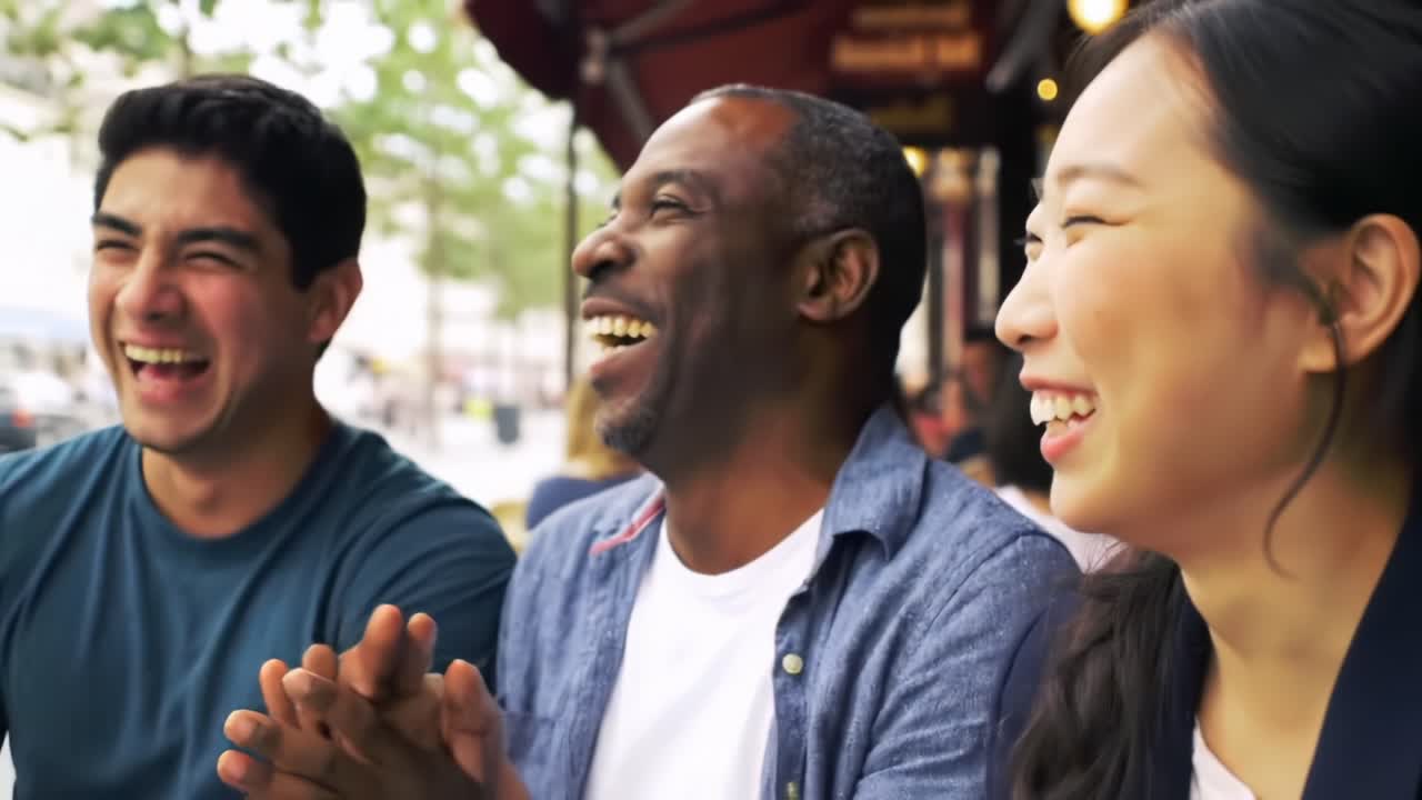 Group of Friends Enjoying a Lively Conversation at a Cafe in the City During a Sunny Afternoon