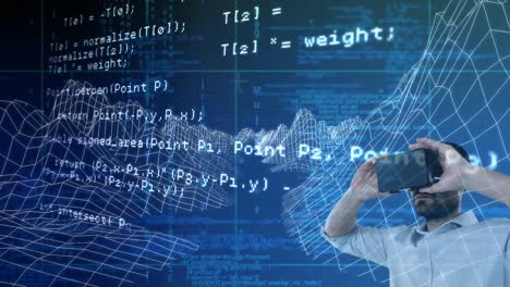 animation of data processing over man wearing vr headset on sky with clouds