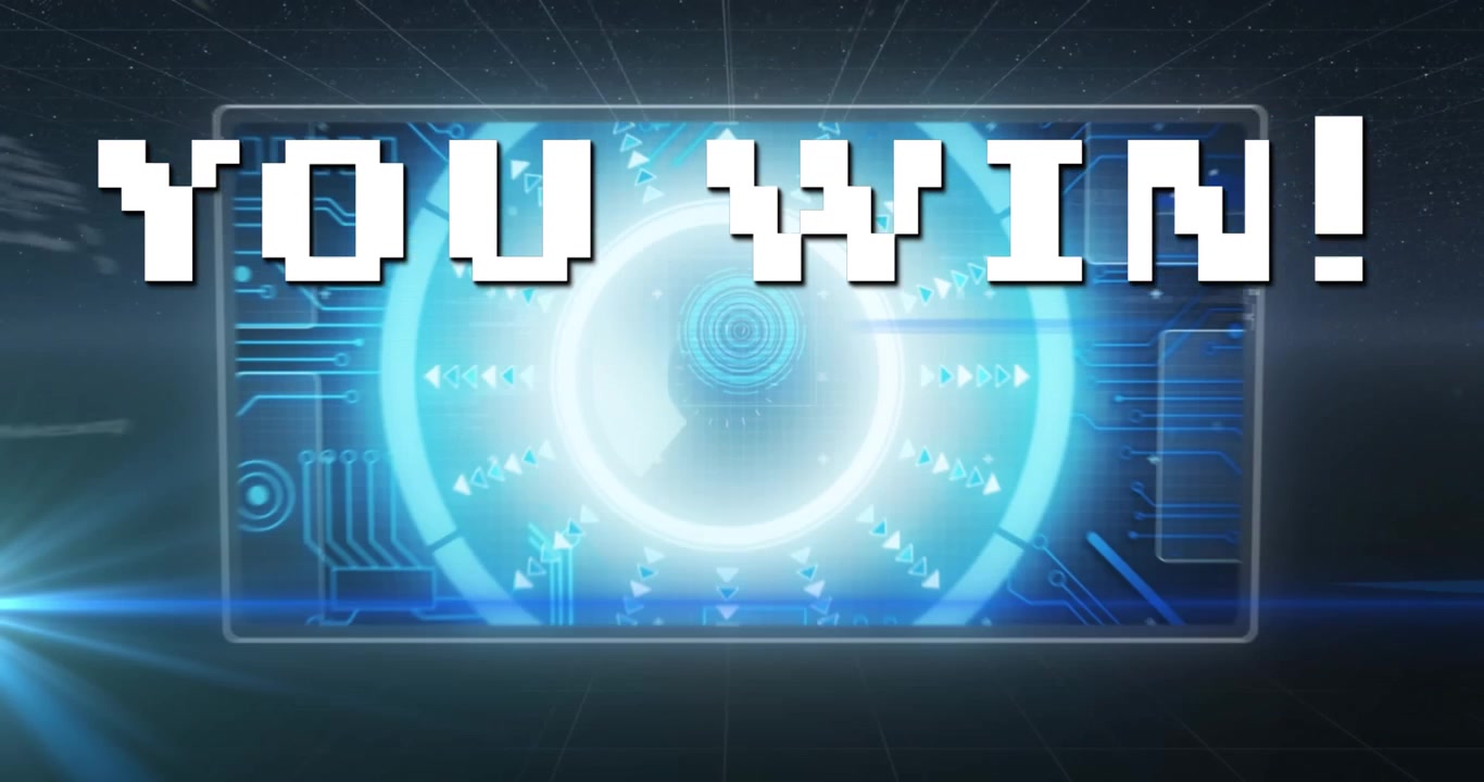 Animation of you win text over scope scanning and data processing