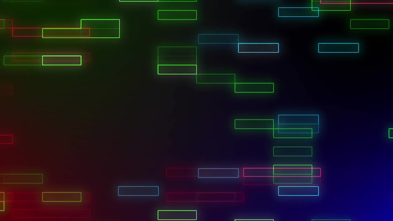 Animation of red particles floating over neon square shapes against gradient background