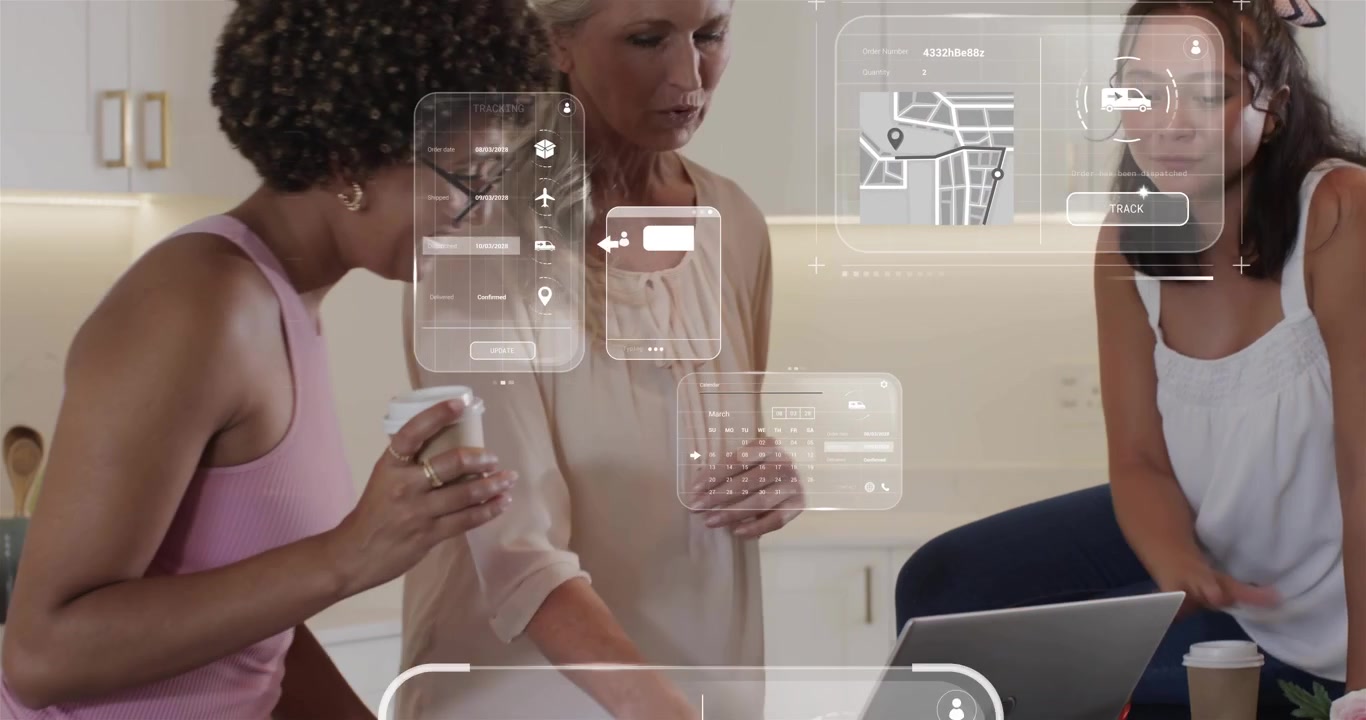 Mother swiping technology charts for collaboration, daughters tapping dashboard following gestures