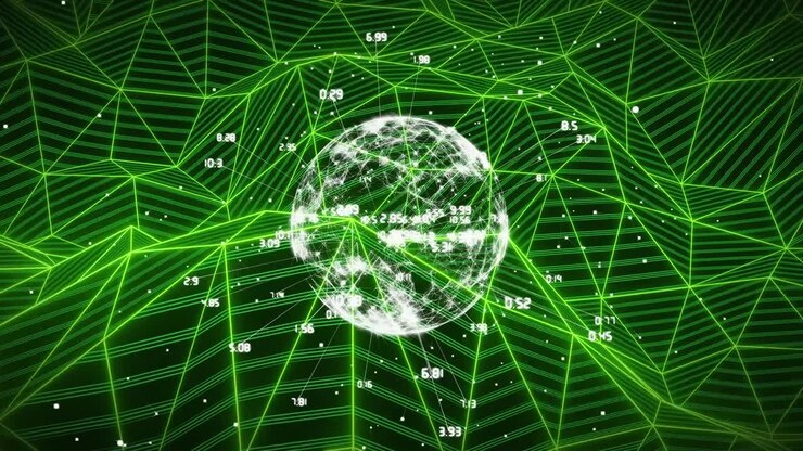 Animation of data processing and globe with shapes on black background