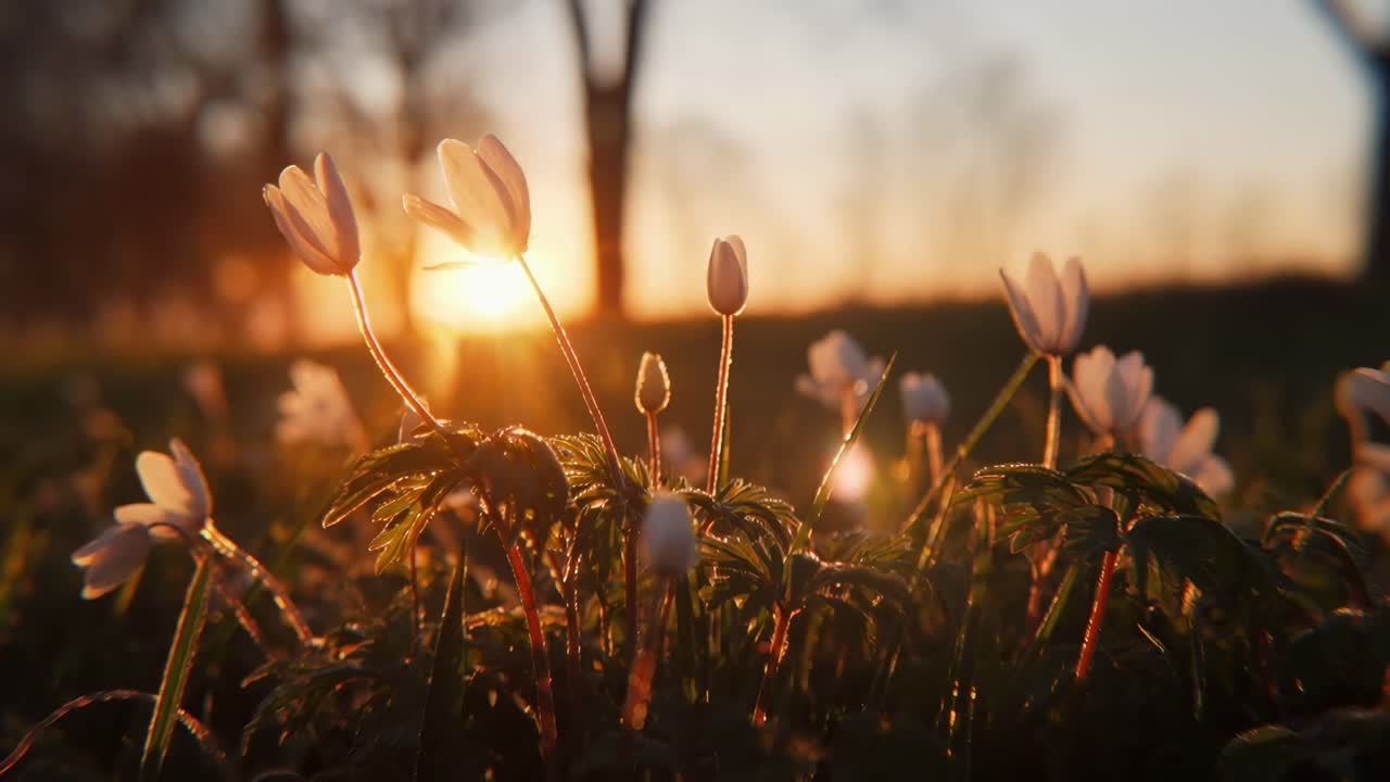 Videooptagelse af vilde blomster i lav engel ved solnedgang, der indfanger en fredfyldt og varm atmosfære