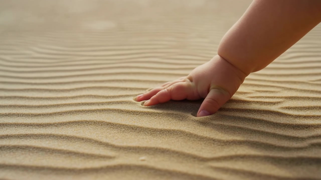 Close-up motion scene of infant right hand touching rippled fine-grain sand, fingertips pressing into ridge and forming shallow indentations with slight grain shift, warm light and soft texture