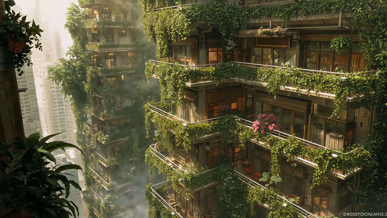 Panning camera filming green tall tower at urban complex, revealing hanging vines and pink flower