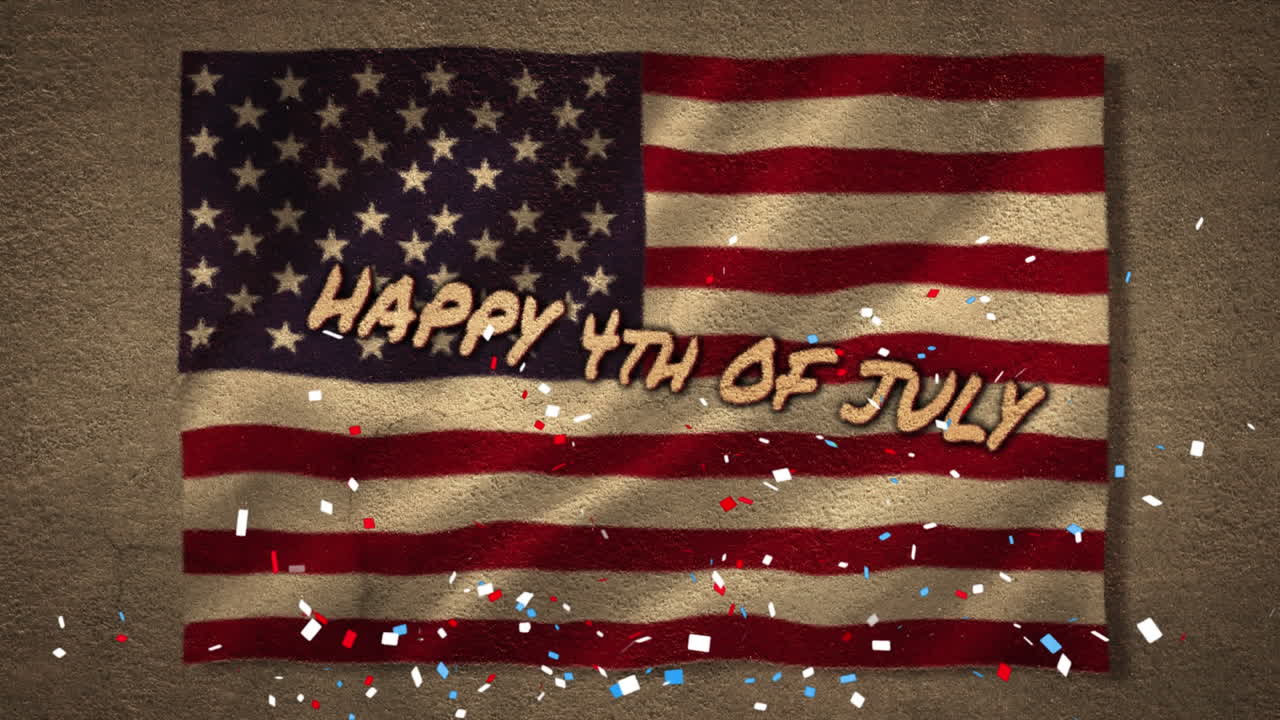 Colorful confetti falling over Independence Day text against US flag