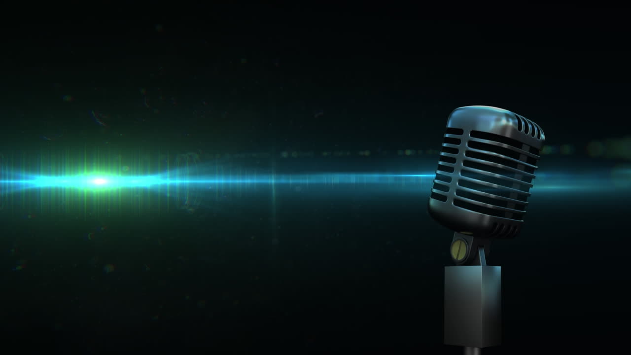 animación de formas digitales y micrófono antiguo sobre fondo negro