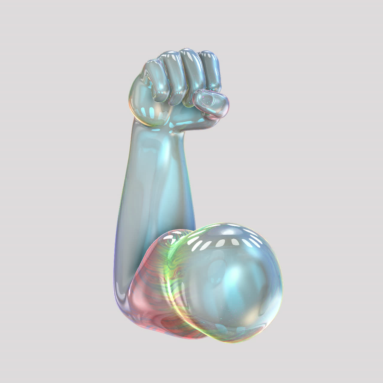 3D renderování duhově zbarvené tekuté paže ohýbající biceps