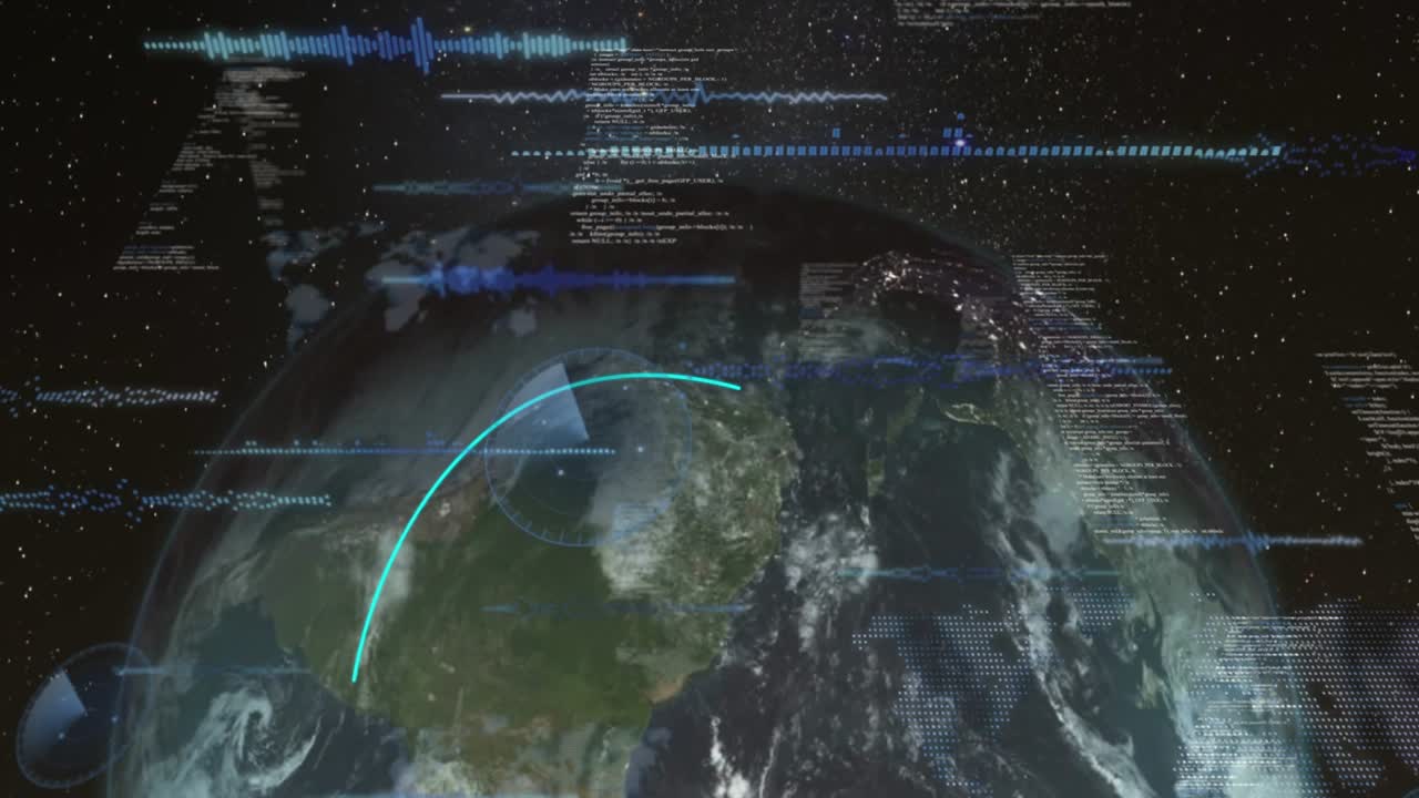 Rotating Earth globe, glowing arc appearing then sweeping, waveforms and data mapping telemetry