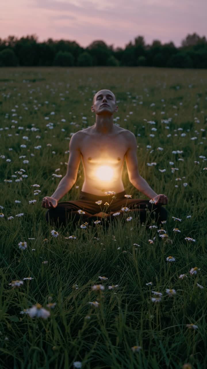 Barefoot yogi meditating amid wildflowers, golden sunlight illuminating muscular torso during peaceful sunset moment