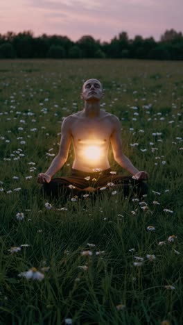 barefoot yogi meditating amid wildflowers, golden sunlight illuminating muscular torso during peaceful sunset moment