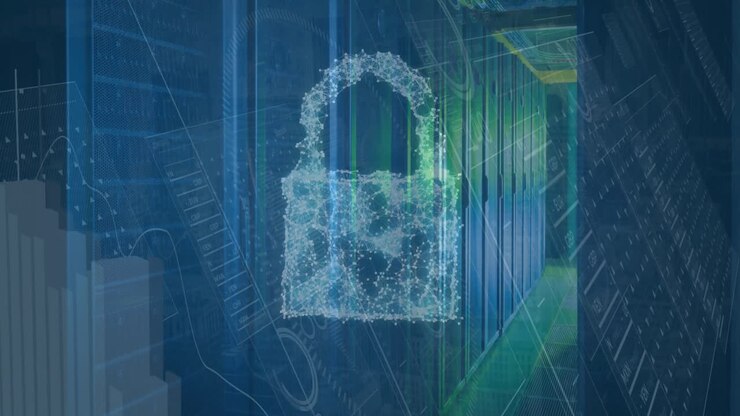 Animation of security padlock and cloud icon over statistical data processing against server room