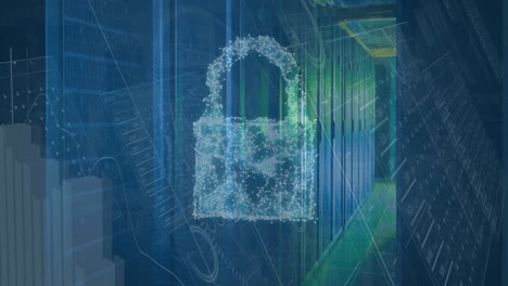 animation of security padlock and cloud icon over statistical data processing against server room