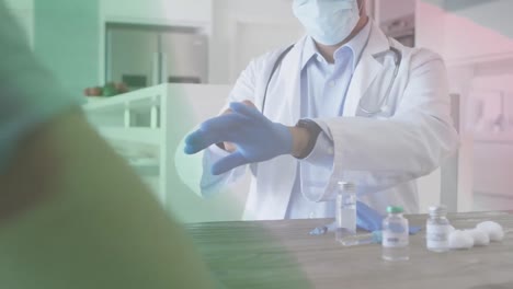animación de la bandera de italia con un médico masculino con máscara facial que se pone guantes quirúrgicos