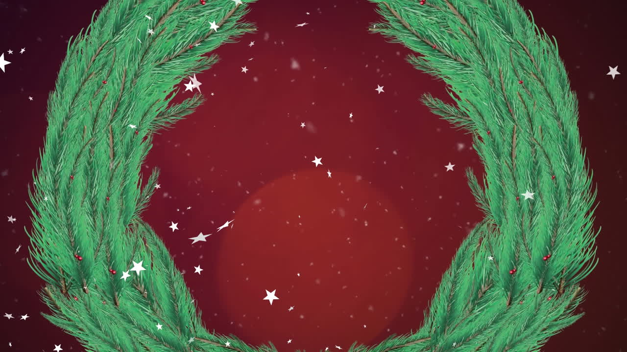 어두운 빨간색 배경에 크리스마스 꽃봉오리 위에 떨어지는  ⁇  별의 애니메이션