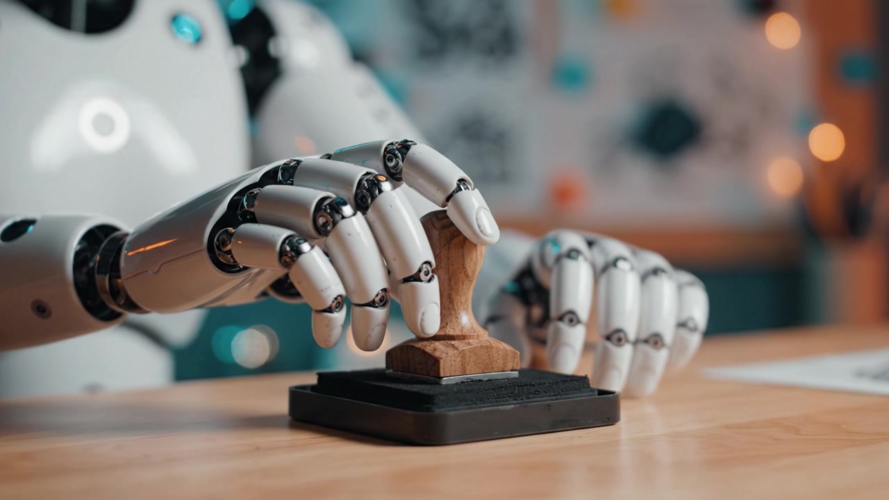 En robotisk hånd, der påfører et stempel på en stempelpude, viser skæringspunktet mellem teknologi, automatisering og kreativitet i det moderne samfund gennem innovativt design.