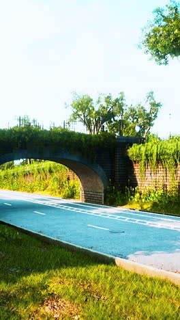 a paved country road with green grass on both sides passing under a brick arched bridge covered with lush green vines