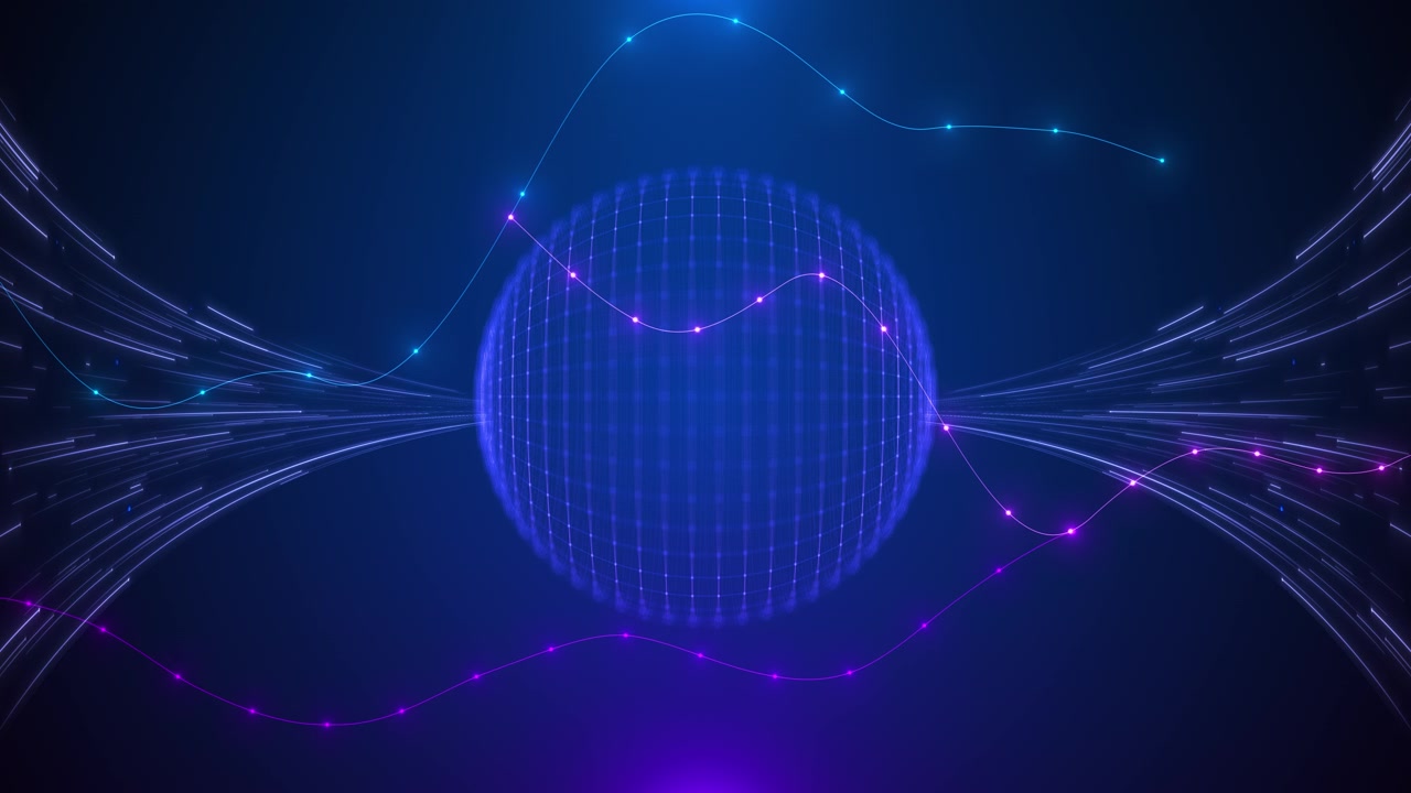 Blue digital sphere background with glowing grid globe flowing light streams animated graph lines