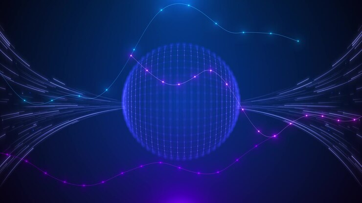 Sfondo digitale con sfera blu, globo a griglia luminosa, flussi di luce e linee grafiche animate.