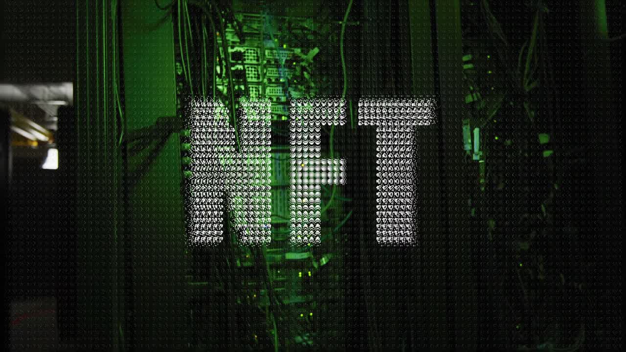 Nft text over green lit computer servers in dark server room