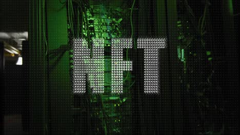 nft text over green lit computer servers in dark server room