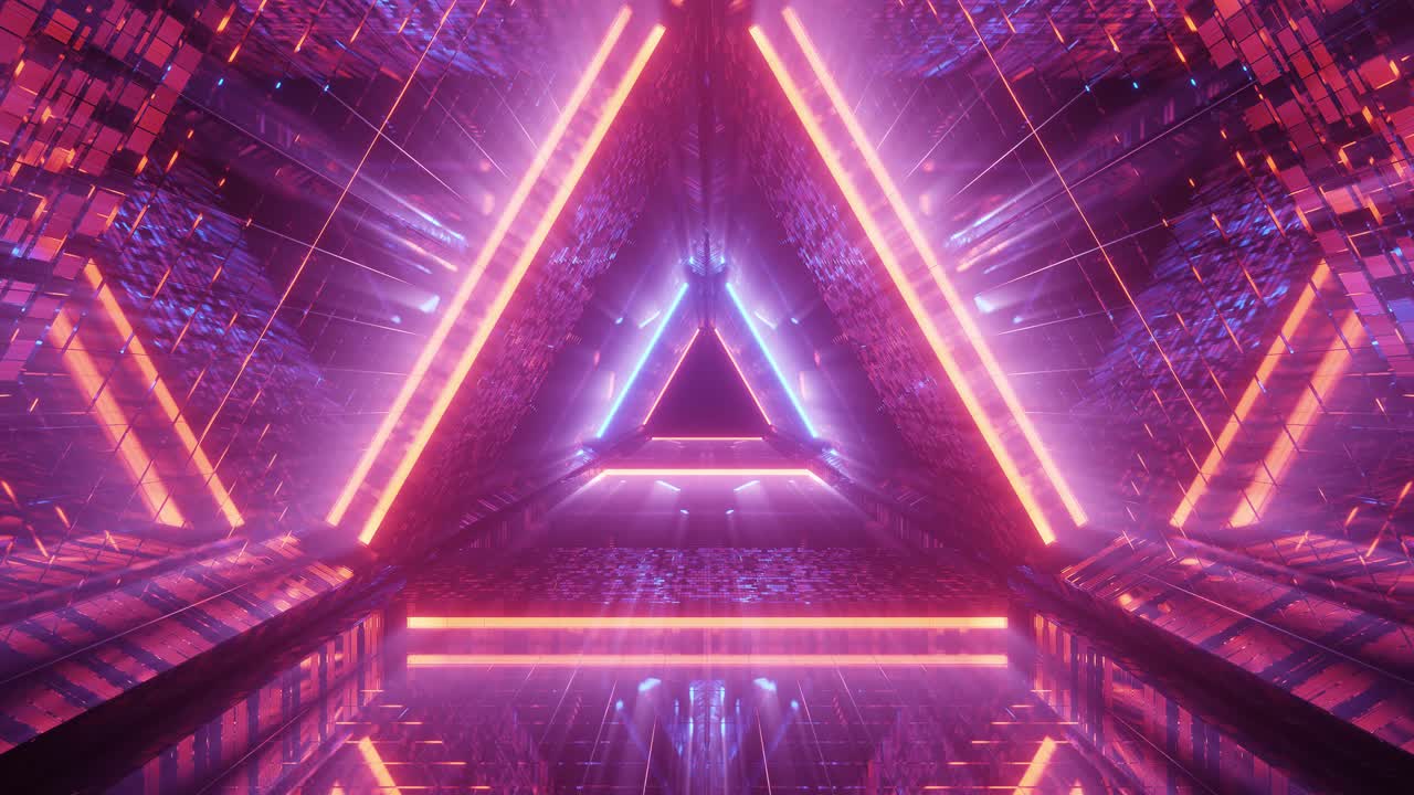 resplandeciente luz rosa y azul brillante que irradia del túnel triangular 3d