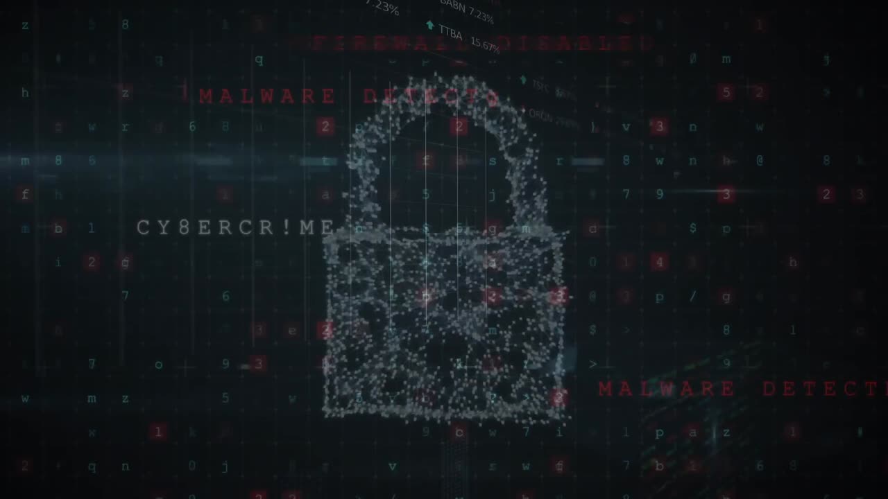 animación de un candado de seguridad e icono de nube sobre el procesamiento de datos de ciberseguridad en fondo azul.