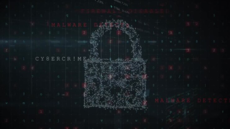 Animation of security padlock and cloud icon over cyber security data processing on blue background